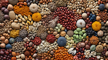 Assorted collection of colorful seeds and grains, Generative AI.