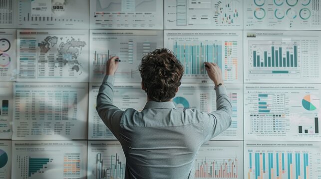 Businessman analyzing data charts and financial reports on a wall. Corporate strategy, data-driven decision making in a modern business environment.