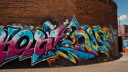 Vibrant street art adorning a brick wall with colorful graffiti.