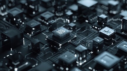 Fototapeta premium Close-up view of a modern microchip on a circuit board, representing advanced technology and electronics in high detail.