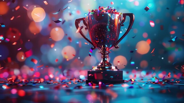 Achievement Trophy A sleek 3D trophy with confetti and success metrics, accented by spotlight effects