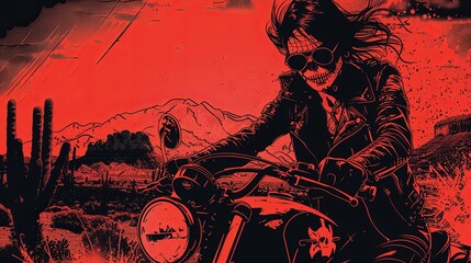 A red and black illustration of a female motorcyclist with flowing hair, wearing a leather jacket and sunglasses