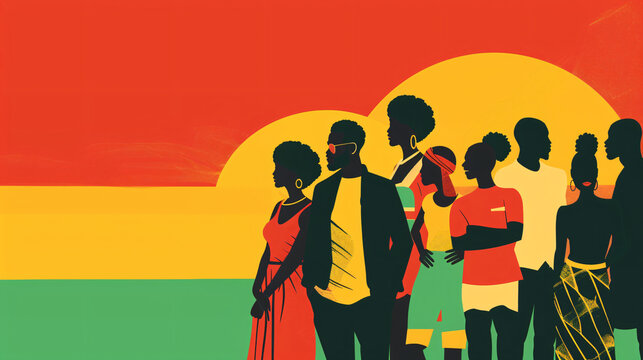 Illustration commemorating juneteenth with silhouetted figures representing afro-american pride and freedom in front of a vibrant sunset
