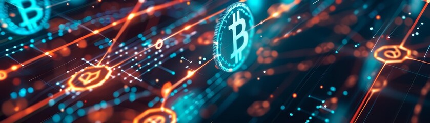 Digital network with Bitcoin symbols, representing blockchain technology and cryptocurrency transactions in a futuristic glowing atmosphere.