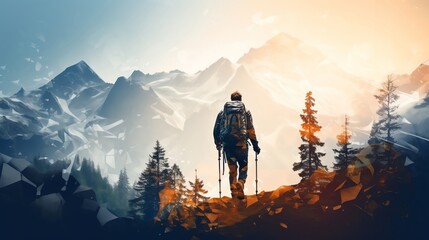 Adventurer stands on mountain peak at sunrise, surrounded by scenic views of snow-capped mountains and evergreen trees.