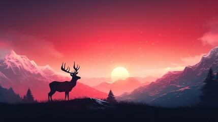 Majestic deer silhouette against a stunning sunset backdrop in a mountainous landscape, emphasizing the beauty of wildlife and nature.