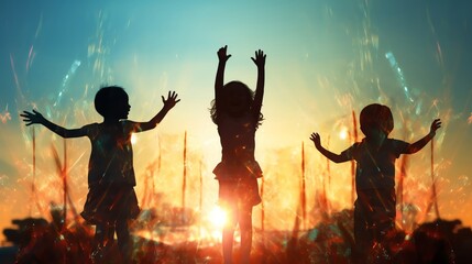 Obraz premium Silhouettes of three children playing joyfully at sunset with colorful lights in the background. A moment of happiness and freedom.