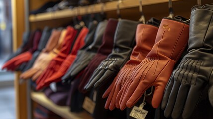 A line of smart formal gloves displayed in a high-end boutique, featuring touch-sensitive materials and heating elements to keep hands warm without sacrificing style.