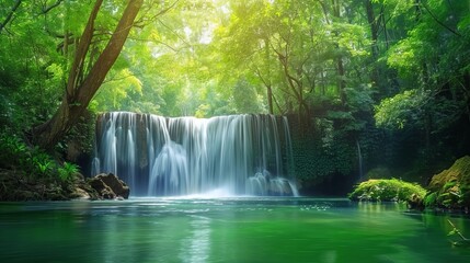 Scenic Panorama of Tropical Waterfall in Lush Green Rainforest, Saraburi, Thailand - Popular Travel Destination in Asia