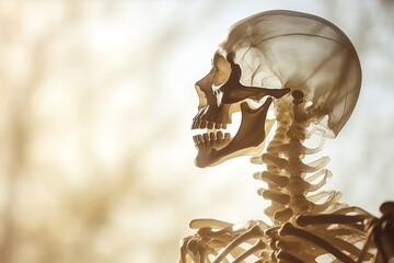 A detailed image of a human skeleton in warm lighting, showcasing the anatomical structure of bones and joints. Perfect for educational use.