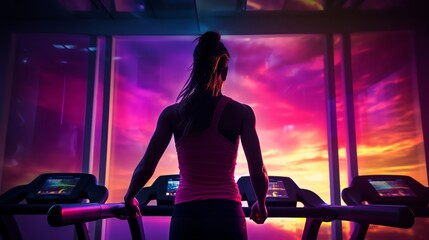 A woman exercises on a treadmill in a modern gym with a vibrant sunset view through large windows, creating an inspiring workout atmosphere.