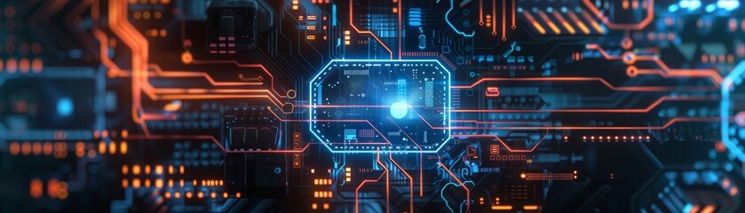Futuristic digital circuit board with glowing blue and orange lights, symbolizing advanced technology and connectivity in a high-tech environment.