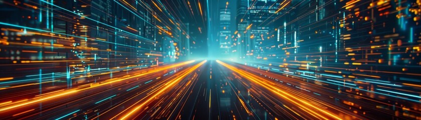 Obraz premium Futuristic digital cityscape with glowing lines and geometric patterns, representing technology, speed, and advanced data networks.