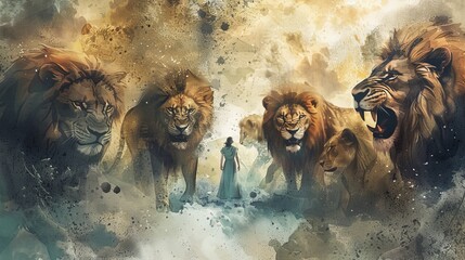 In a serene digital watercolor, Daniel's faith is his shield as he stands among the very hungry lions in the den.