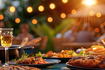 A beautiful evening outdoor dinner with delicious dishes, a glass of wine, and warm ambient lights creating a cozy atmosphere.