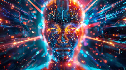 Futuristic digital human face with vibrant neon lights, representing artificial intelligence and advanced technology in a cybernetic world.