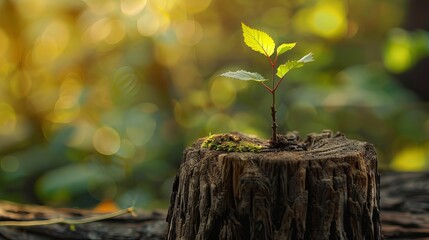 Young Sapling Sprouting from Weathered Tree Stump - Renewal and Growth Concept in Nature