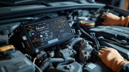 A mechanic smart glasses displaying vehicle diagnostics and repair instructions while working on a car engine, tools laid out nearby.