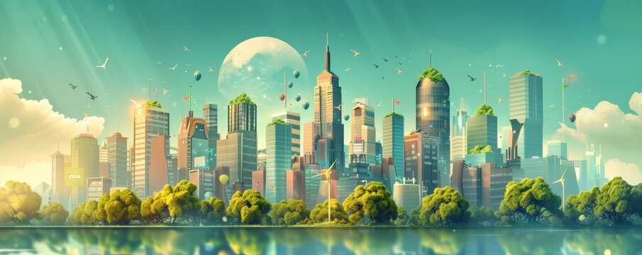 Futuristic green city skyline with eco-friendly skyscrapers and lush greenery under a clear sky, reflecting in a calm body of water.