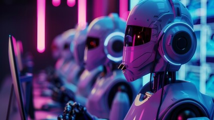 Futuristic robots working on computers in a neon-lit room, showcasing advanced technology and artificial intelligence in a sci-fi environment.