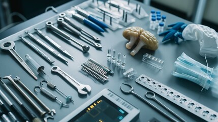 Fototapeta premium A medical-grade neural implant kit for treating neurological disorders, with tools and the implant itself laid out on a sterile table.