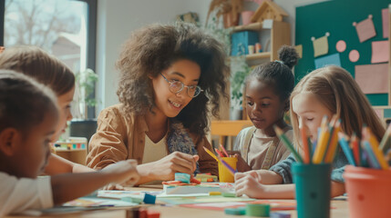Children engaged in a creative craft activity in the classroom with blurred faces of teacher and pupils, highlighting the interactive learning process