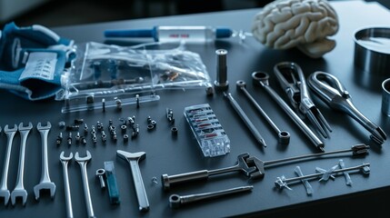 A medical-grade neural implant kit for treating neurological disorders, with tools and the implant itself laid out on a sterile table.