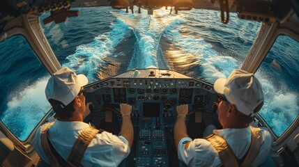 Two pilots are managing the controls in a seaplane's cockpit with the golden reflections on the sea during sunset