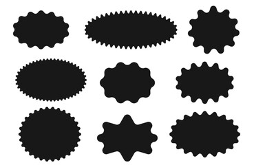 Scallop edge frames border set silhouette and outline. set of vector black stickers in the form of a sunburst badges and multi-pointed star, discount tags.