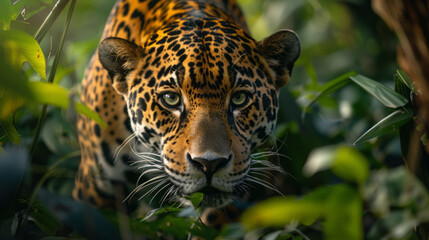 Fototapeta premium Jaguar with green eyes stalking prey in dense jungle