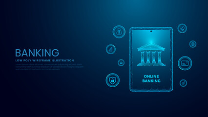 Naklejka premium Online banking technology concept. Smartphone Banking Concept. Low Poly Wireframe Vector Illustration on Technological Blue Background. 
