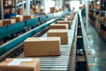 Obraz premium dynamic scene as multiple cardboard box packages smoothly traverse conveyor belt within busy warehouse fulfillment center, symbolizing intersection of delivery efficiency,