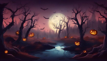 Realistic halloween background with creepy landscape of night sky fantasy forest in moonlight vector illustration