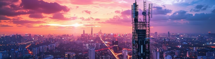 Obraz premium Stunning cityscape at sunset with a view of modern skyscrapers and a colorful sky from high above the urban landscape.
