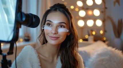 Fototapeta premium Beauty influencer recording a blog post at home with eye masks