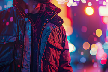 Fototapeta premium Fashionable man in a stylish jacket with colorful bokeh background