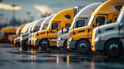 In the parking lot, a line of semi trucks is parked