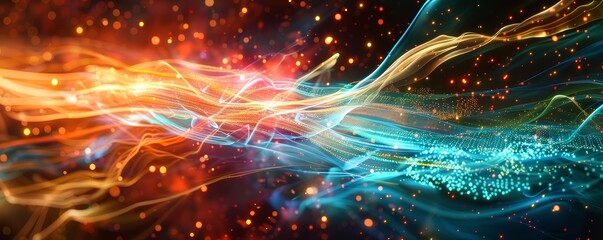 Vibrant abstract digital art with colorful light streaks and dynamic particles, creating a futuristic and energetic visual effect.