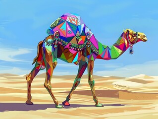 Vibrant Geometric Camel in the Desert Landscape