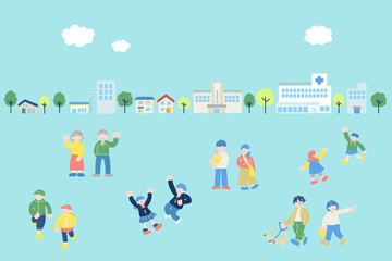 Fototapeta premium 多世代の地域の人々と街並みのイラスト【セット】