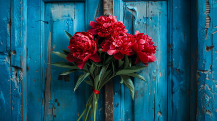 Red peonies in a rustic blue window frame with distressed wood background
