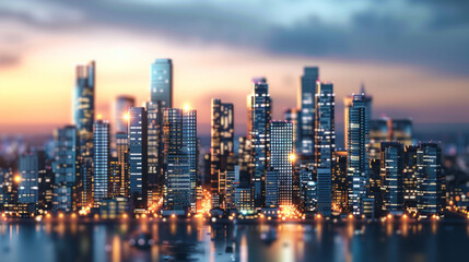 Obraz premium Modern city skyline at dusk with illuminated skyscrapers and reflections