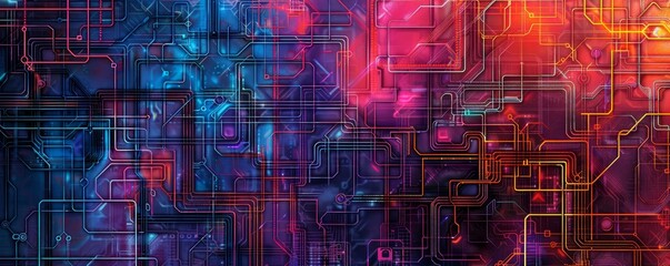 Vibrant digital circuit abstract background with neon colors, representing modern technology and futuristic designs. Ideal for tech and design projects.