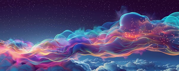 Vivid, colorful abstract digital art with swirling clouds resembling a dreamlike landscape against a starry night sky. Perfect for creativity and imagination.