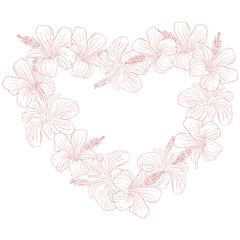 Fototapeta premium A pink hibiscus flower heart wreath with a black and white flower wreath. The flowers are arranged in a circular pattern for card or invite.