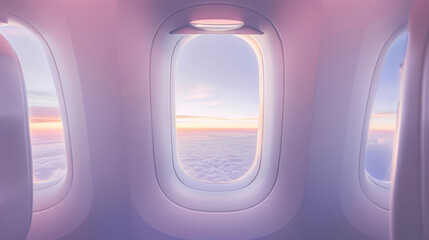 Fototapeta premium Scenic view from airplane window with sunset sky over clouds