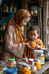 Malaysian woman with child chooses medicine at pharmacy