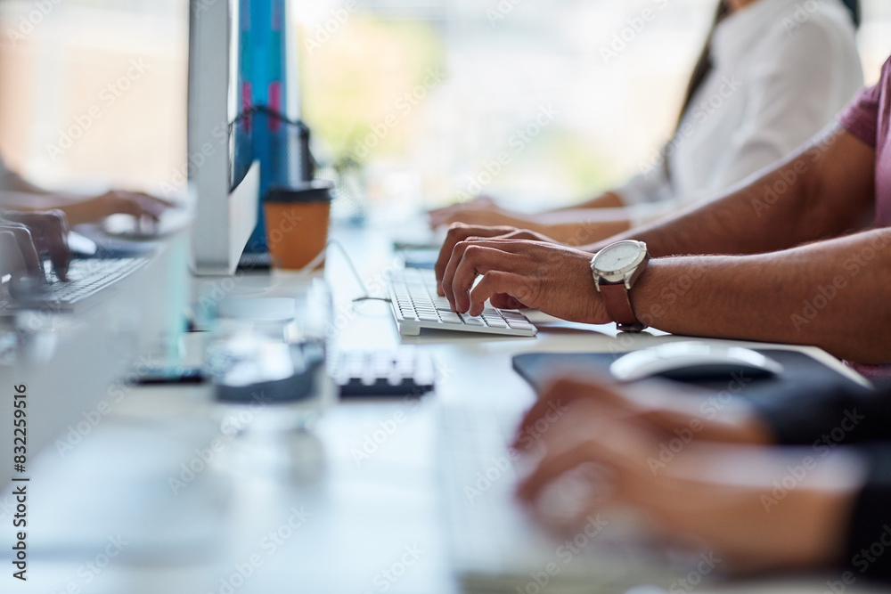 Poster business, people and hands typing in office for communication, networking and internet research with