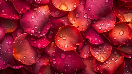 Close-up of rose flower petals with water drops. top down view, flat lay, beauty in nature concept copy space for text banner background