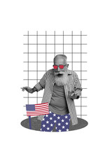 Composite collage image of funny old man dancing national independence america day fourth july concept fantasy billboard comics zine